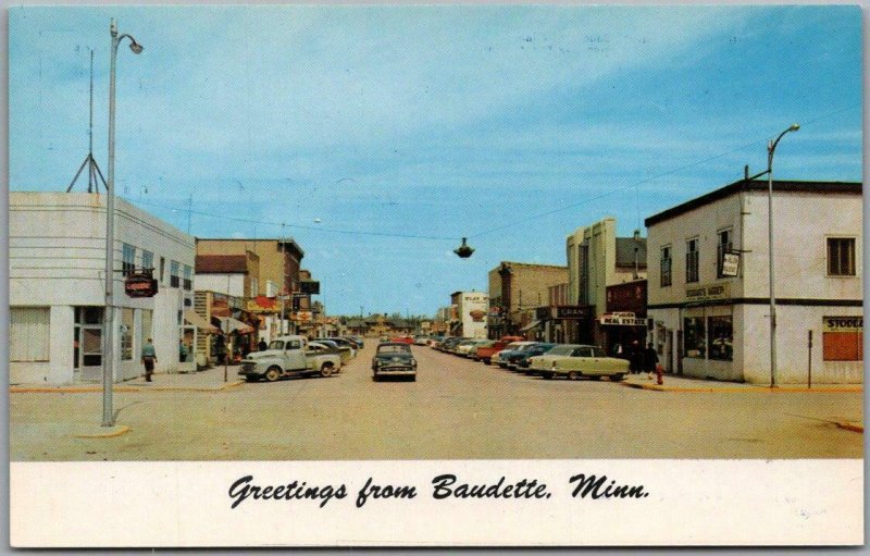 Baudette, Minnesota Postcard Downtown Main Street Scene 1950s Cars