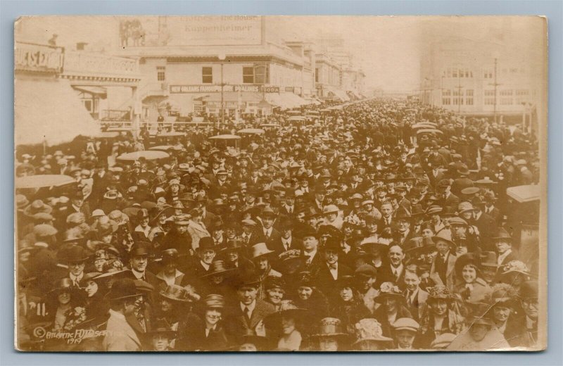 ATLANTIC CITY NJ CROWD STREET SCENE SIGNS ANTIQUE REAL PHOTO POSTCARD RPPC