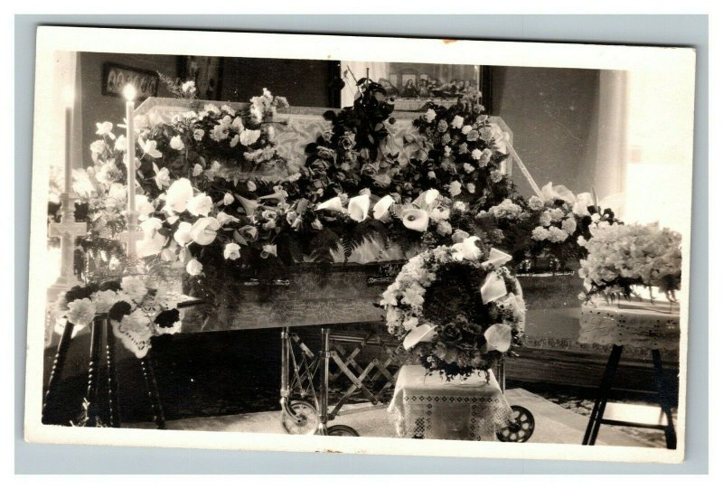Vintage 1910's RPPC Postcard Funeral Casket with Beautiful Flowers