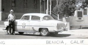 1950's RPPC BENICIA CALIFORNIA 1st CAPITOL BUILDING POLICE OFFICER POLICEMAN CAR