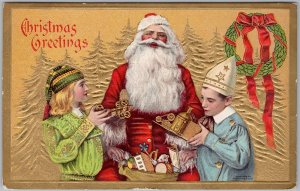 Embossed Christmas Greetings Santa Claus Children Gold Holiday Xmas Postcard H82