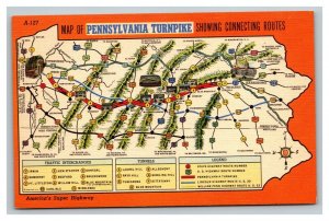 Vintage 1940's Postcard Map of The Pennsylvania Turnpike & Connecting Routes