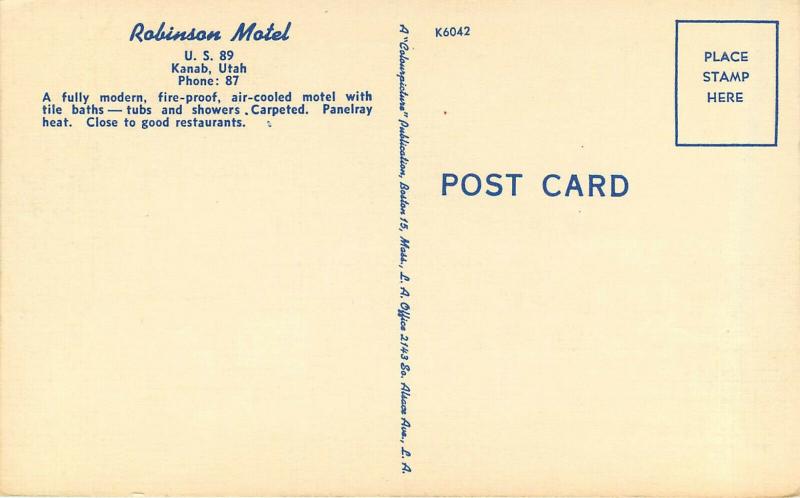 Linen Postcard Robinson Motel Kanab Utah near National Parks