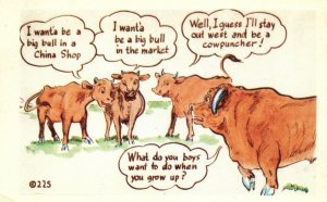 Vintage Postcard Baby Bulls Taking About What They Do When They Grow Up Comic