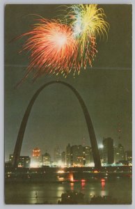 State View~Fireworks Display @ Gateway Arch St Louis MO~Vintage Postcard