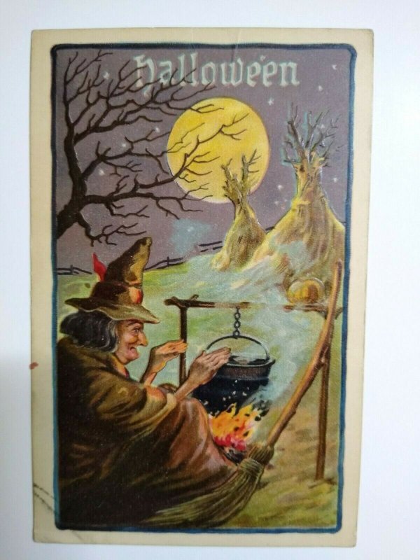 Halloween Postcard Witch Cauldron Haunted Moon Leubrie & Elkus 2231 Antique