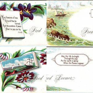 x4 LOT c1880s Fred Loomer Calling Cards Quote Sea Floral Litho Trade Name C49