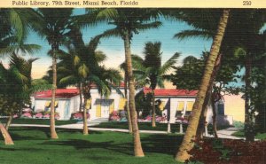 Vintage Postcard 1950 Public Library Building Palm Trees Miami Beach Florida FL