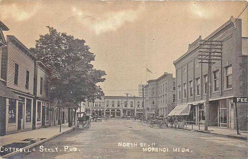 Morenci MI North Street Storefronts Horse & Wagons in 1909 RPPC Postcard