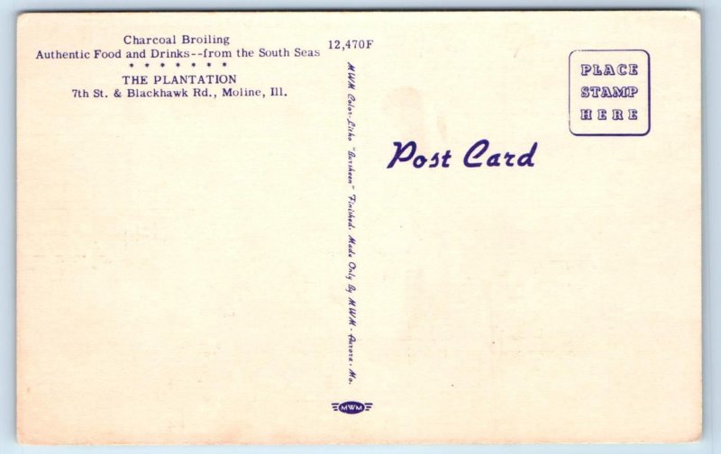 MOLINE, Illinois IL ~ Tahitian Room PLANTATION RESTAURANT Tiki Tropical Postcard