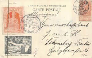 LIEGE BELGIUM TO GERMANY EXPOSITION CANCEL & POSTER STAMP POSTCARD 1905