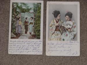 2 Japanese-Tales from Japan, At the Garden Gate, 1900`s, used vintage cards