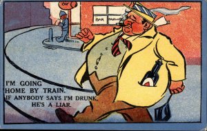 Fat Man Drinking Drunk Humor Policeman Cop Comic Vintage Postcard