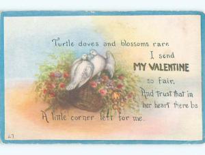 Pre-Linen valentine PAIR OF WHITE TURTLE DOVES IN BASKET OF FLOWERS J0600
