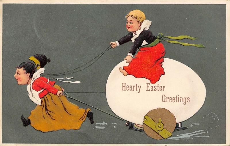 PFB Easter~Victorian Children~Giant Egg Cart~One Pulls Other~Hunter Green Back