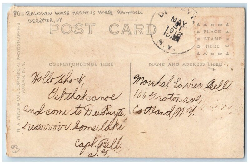 1918 Baldwin House Harness Horse Hammock Deruyter New York NY RPPC Postcard