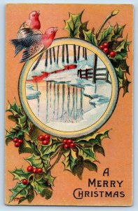 Christmas Postcard Song Birds Holly Berries Winter Scene Harlan Iowa IA c1910's