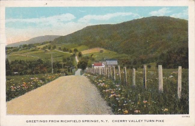 New York Greetings From Richfield Springs Cherry Valley Turnpike 1927 Curteich