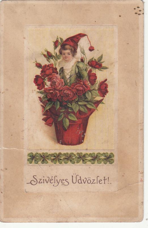 Hungary 1930 greetings postcard dwarf boy flowers pot fantasy