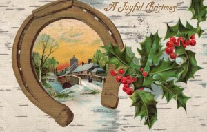 Vintage Postcard 1908 A Joyful Christmas Landscape Winter Green  Leaves