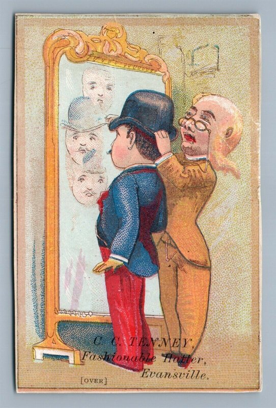 EVANSVILLE IN ANTIQUE VICTORIAN TRADE CARD C.C. TENNEY HATS FURS ADVERTISING