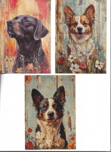 Dogs and flowers Lot of 3 modern, artist drawn, colectable cards. 10 x 15 cms.