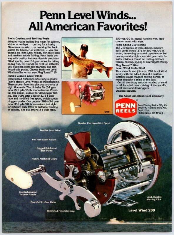 1980's Penn Level Wind 209 Fishing Reel Old Fishing Reel Print Ad