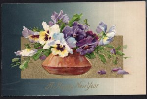 A Happy New Year with Pansies in a Bowl - Embossed - pm1908 - DB