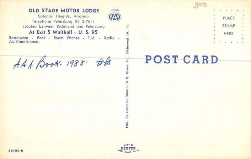 Colonial Heights Virginia Old Stage Motor Lodge Vintage Postcard K825881