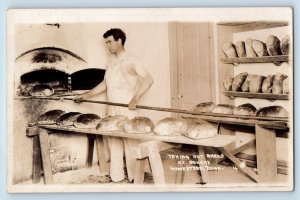 Homestead Iowa IA Postcard RPPC Photo Taking Out Bread At Bakery Baker c1910's