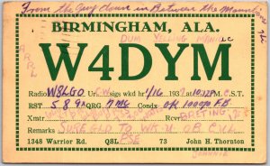 1937 QSL Radio Card Code W4DYM Birmingham AL Amateur Station Posted Postcard