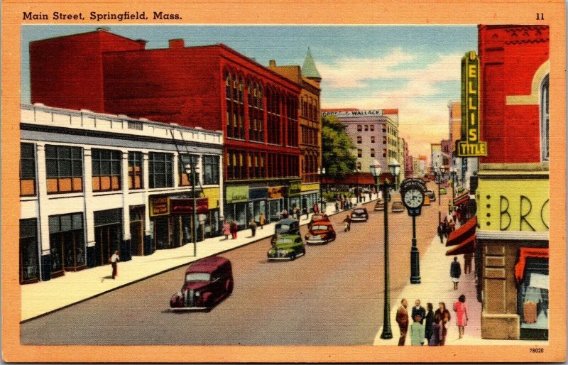 Vtg Springfield Massachusetts MA Main Street View 1930s Unused Linen Postcard