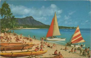 Postcard Outrigger and Catamaran Waikiki Beach Hawaii 1960