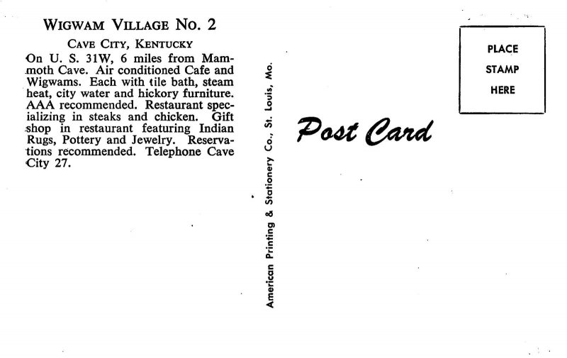 Wigwam Village No 2 Motel US 31W Cave City Kentucky 1950s postcard