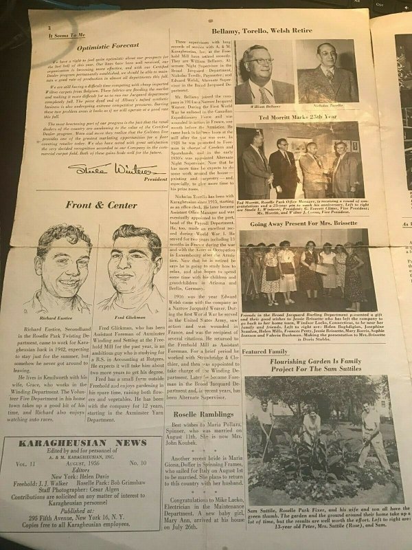 Vintage Newsletter 1956 Karagheusian News A. & M. Karagheusian Inc. Freehold NJ 