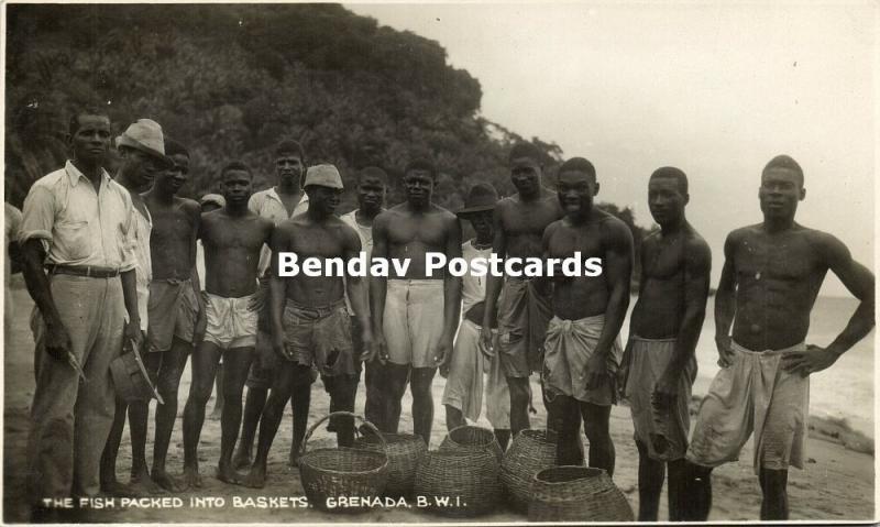 Grenada, B.W.I., Native Fishermen packed the Fish into Baskets (1930s) RPPC