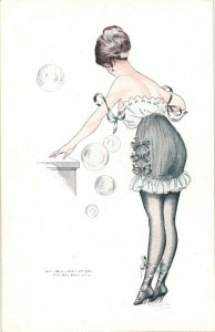 PC CPA EROTIC, ARTIST SIGNED, PÉPIN, BULLES DE SAVON, Vintage Postcard (b17553)