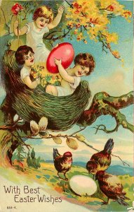 Embossed Easter Postcard Children in Bird's Nest With Colored Egg Pussy Willow