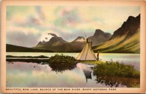 Postcard AB Beautiful Bow Lake Banff National Park - Cowboy, Teepee 1930s K5