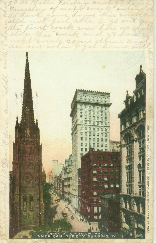 American Surety Bldg and Trinity Church New York NY 1905 Undivided Back Postcard