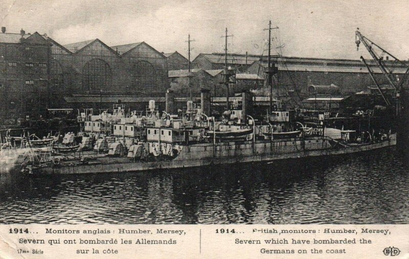 British Royal Navy Monitors Humber/Mersey in Harbor German Bombardment c1914