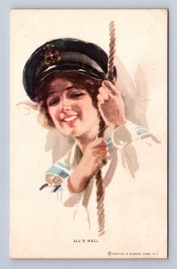 ALL'S WELL SAILOR GIRL GLAMOUR ARTIST SIGNED HARRISON FISHER POSTCARD RN 381