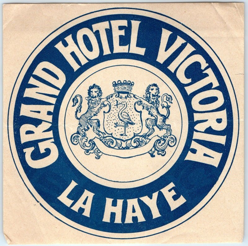 c1930s La Haye, France Luggage Label Grand Hotel Victoria Coat of Arms Decal 2C
