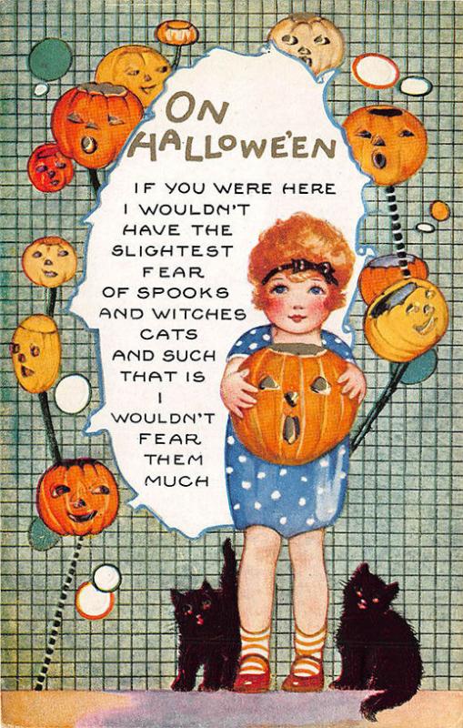 Halloween Whitney Made Embossed Girl Black Cats J-O-L Masks Postcard