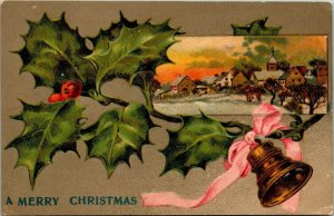 Vintage 1910's Town Scene Church Holly Leaves Bell Merry Christmas Postcard