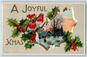 Christmas Postcard Birds And Holly Berries Embossed c1910's Unposted Antique