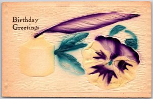 Birthday Greetings Ink Leaf Pansy Flower Embossed Greetings Card Posted Postcard