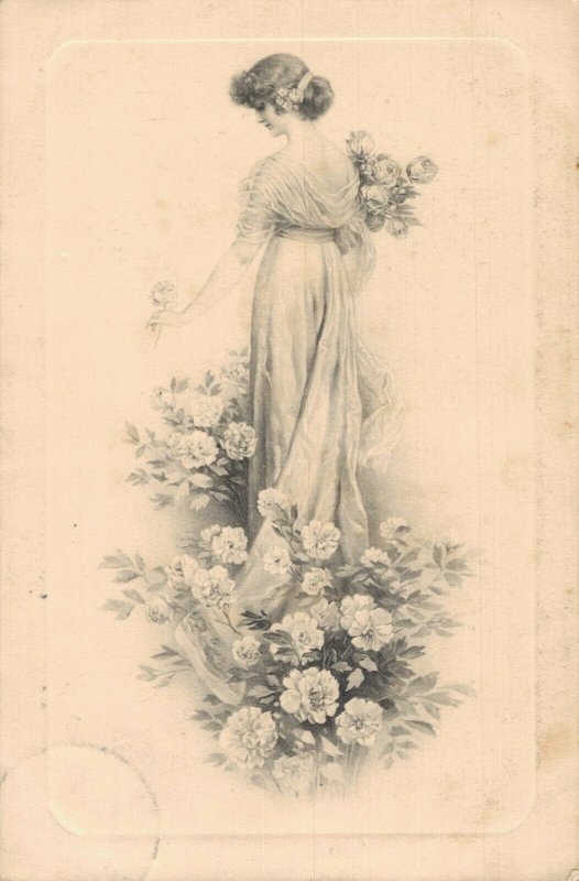 Vienna Style Girl With Flowers Vintage Postcard 08.08