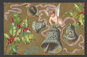 Ca 1912 VINTAGE PPC A MERRY CHRISTMAS W/CUPIDS & BELLS EMBOSSED POSTED