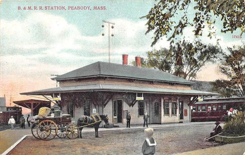 Peabody MA B&M Railroad Station Train Depot Horse & Wagon Postcard